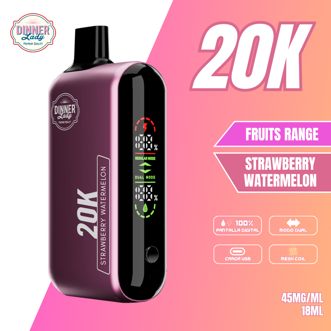 VAPER DINNER LADY 20.000 PUFFS SANDÍA Y FRUTILLA