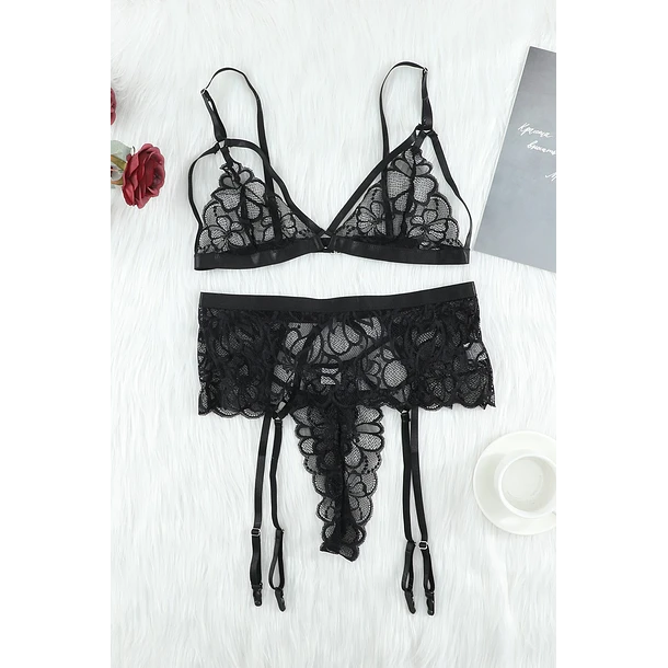 CONJUNTO ERÓTICO 3 PIEZAS FLOR NEGRO